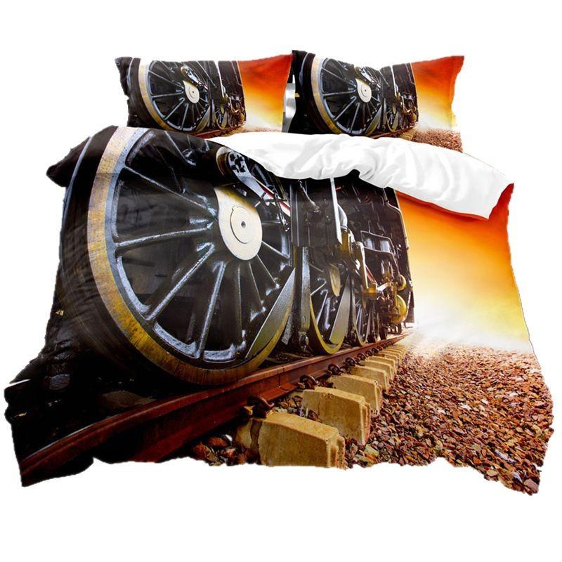 Steam Locomotive, Old-Fashioned, Shabby Train, Transportation, Digital Printing, Three-Piece Bed Sheet
