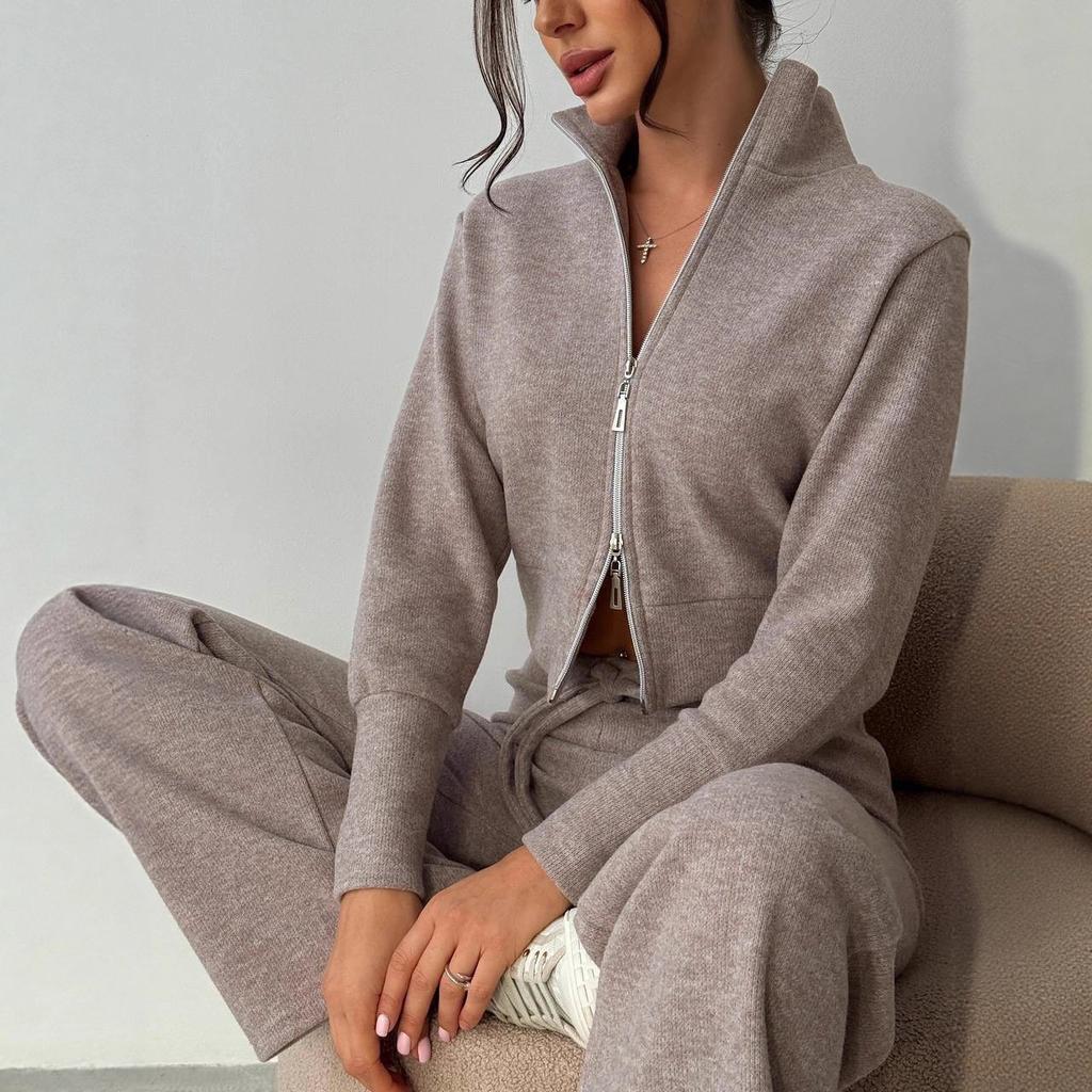 Autumn and Winter New European and American Women's Clothing Casual Solid Color Double Zipper Knitted Top Lace-up Wide-leg Pants Two-piece Set