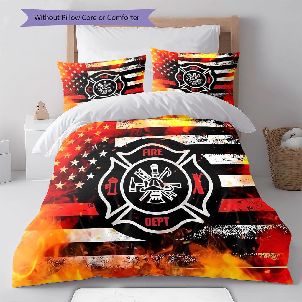 Firefighter Pattern Bedding Quilt Set Quilt Cover Pillowcase Home Decoration Gift (1 * duvet cover + 2 * pillowcase, without core)