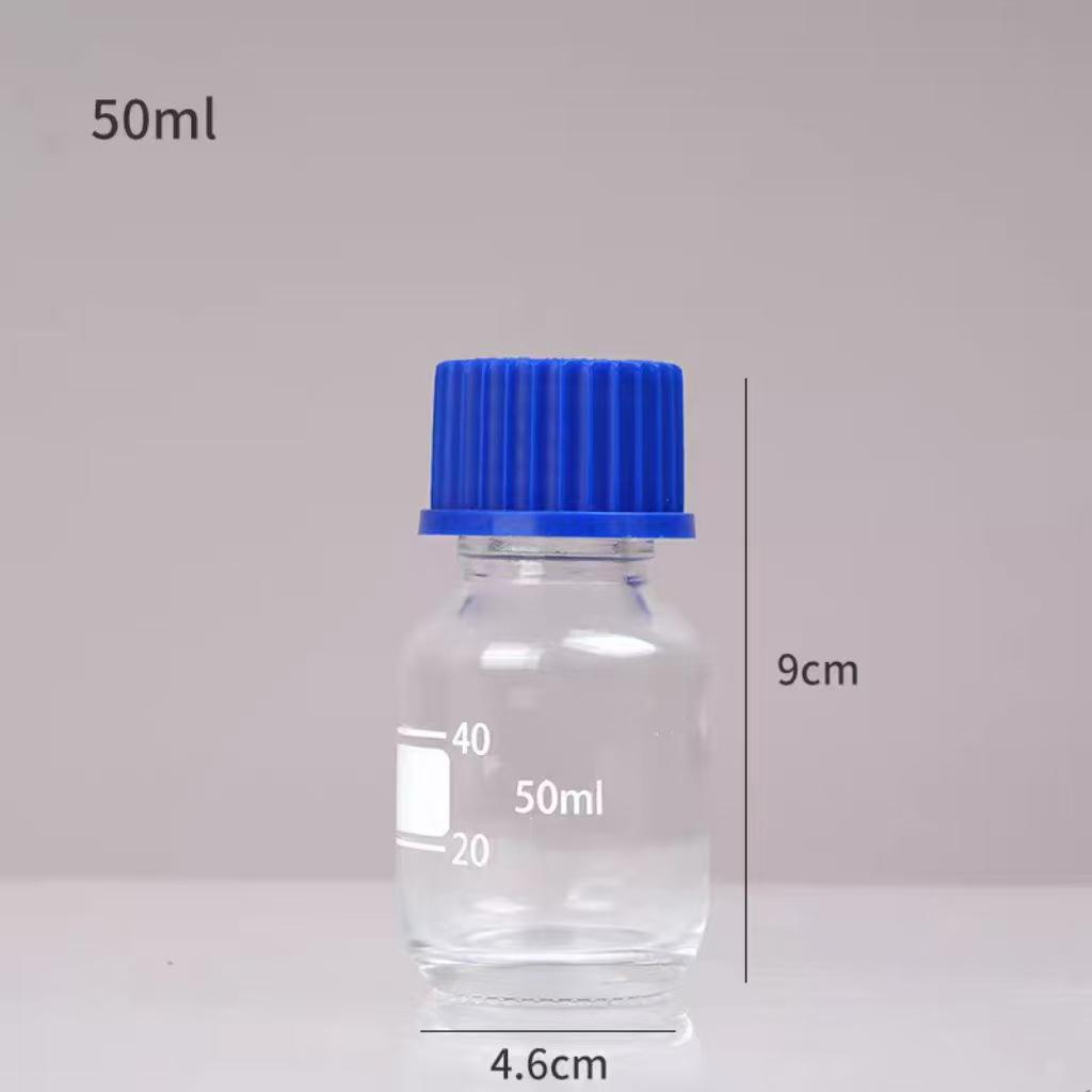 Blue Cap GL45 Threaded Glass Reagent Bottle - Transparent, Brown, Round with Scale, Sealed Sampling Lab Bottle