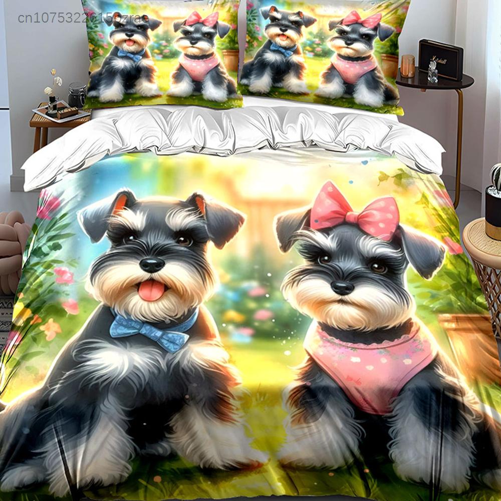 Pet Garden Trio: Cute Schnauzer Decor Multiple Sizes kid's And adults' Bedroom Exquisite 3PC Bedding set, Gift