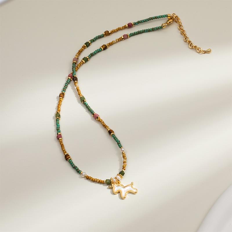 

Ретро Ожерелье из натурального камня и ракушки с жемчугом в виде единорога для женщин - Роскошная бисерная цепочка для ключиц