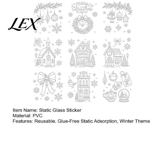 Christmas Party Window Ornaments 9Pcs Clings, Static Glass Stickers, Reusable White Line Hand-Painted Decals Electrostatic Film for Holiday