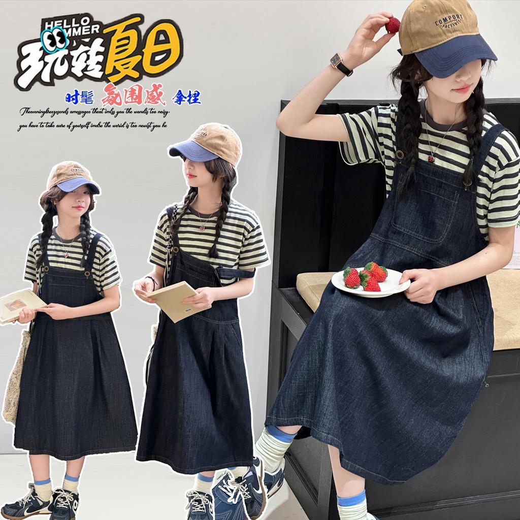 Girls' Summer Dress 2026 New Style Children's Stylish Medium and Large Girls' Summer Dress Cowboy Strap Skirt Two Piece Set