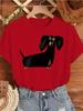 Ladies Olive Green Cute Black Sausage Dog Pattern Tshirt Retro Casual Short Sleeved Round Neck Top with Fun Dog Design