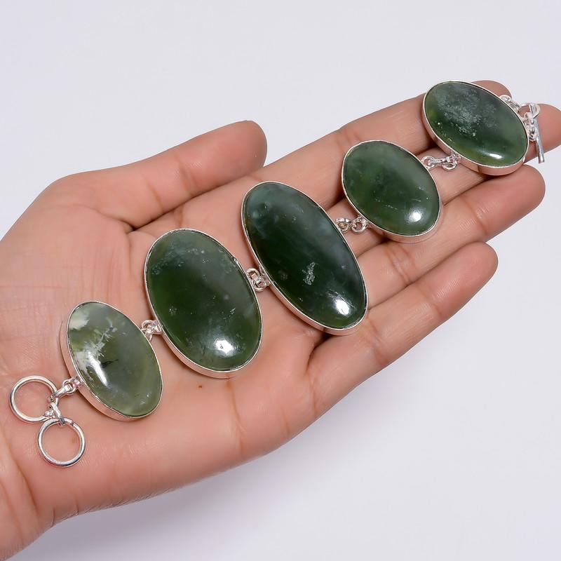 Awesome Top Grade Qualite 100% Natural Nephrite Jade Oval Shape Ethnic Style Handmade Jewelry 925 Steling Silver Bracelet 7-8" WSJ-4693