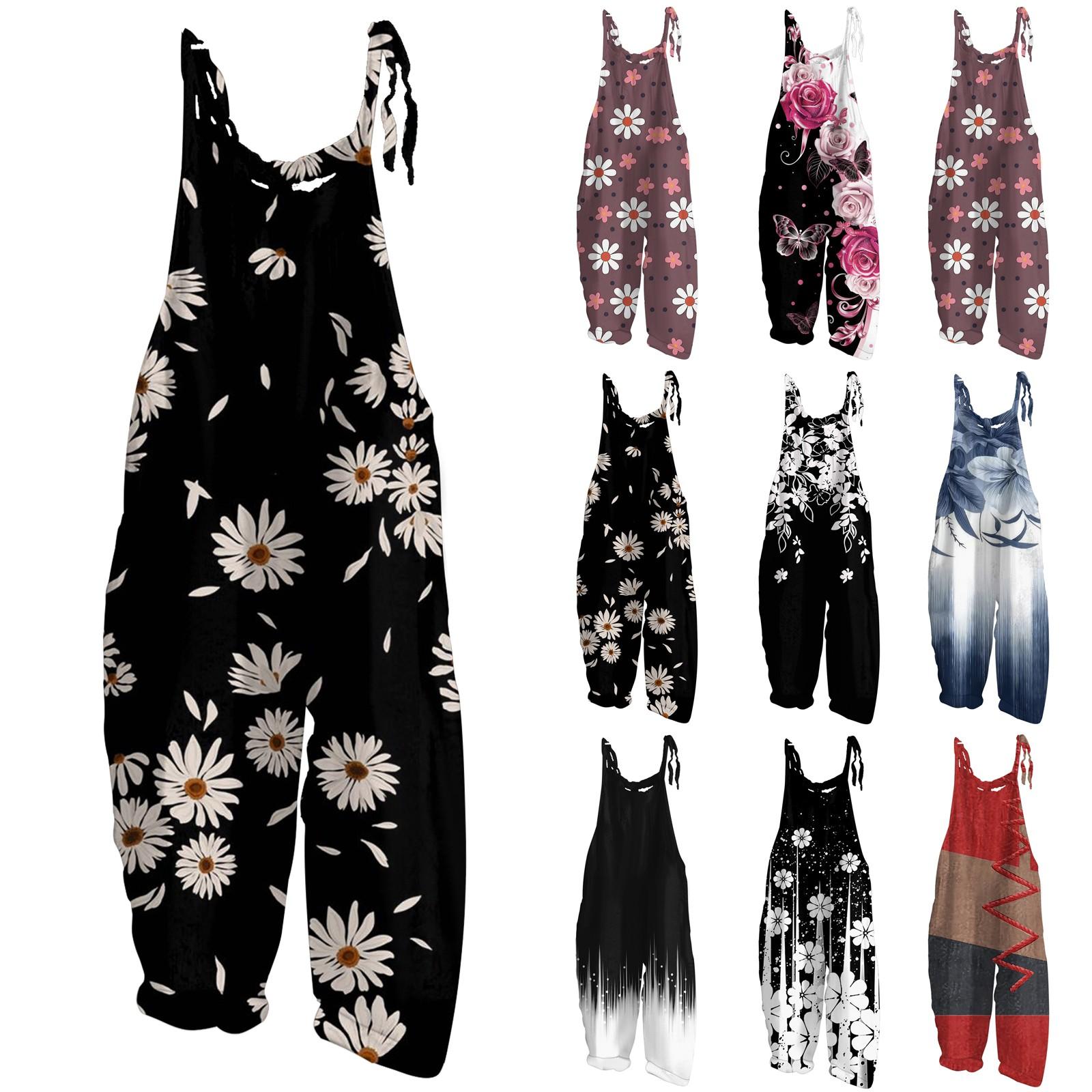 

Женский комбинезон с принтом, повседневные свободные ретро-бретельки из хлопка и льна