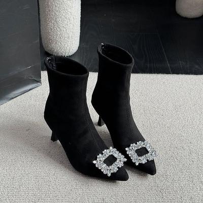 Suede Rhinestone Stretch Socks Black Skinny Boots Thin Heel Boots High Heel European Pointed