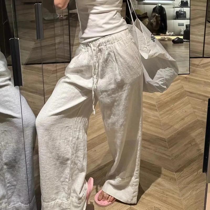Wide Leg White Linen Pants Woman Casual Basic Summer 2024 Oversize Female Straight Trousers Baggy Elastic Waist Pants