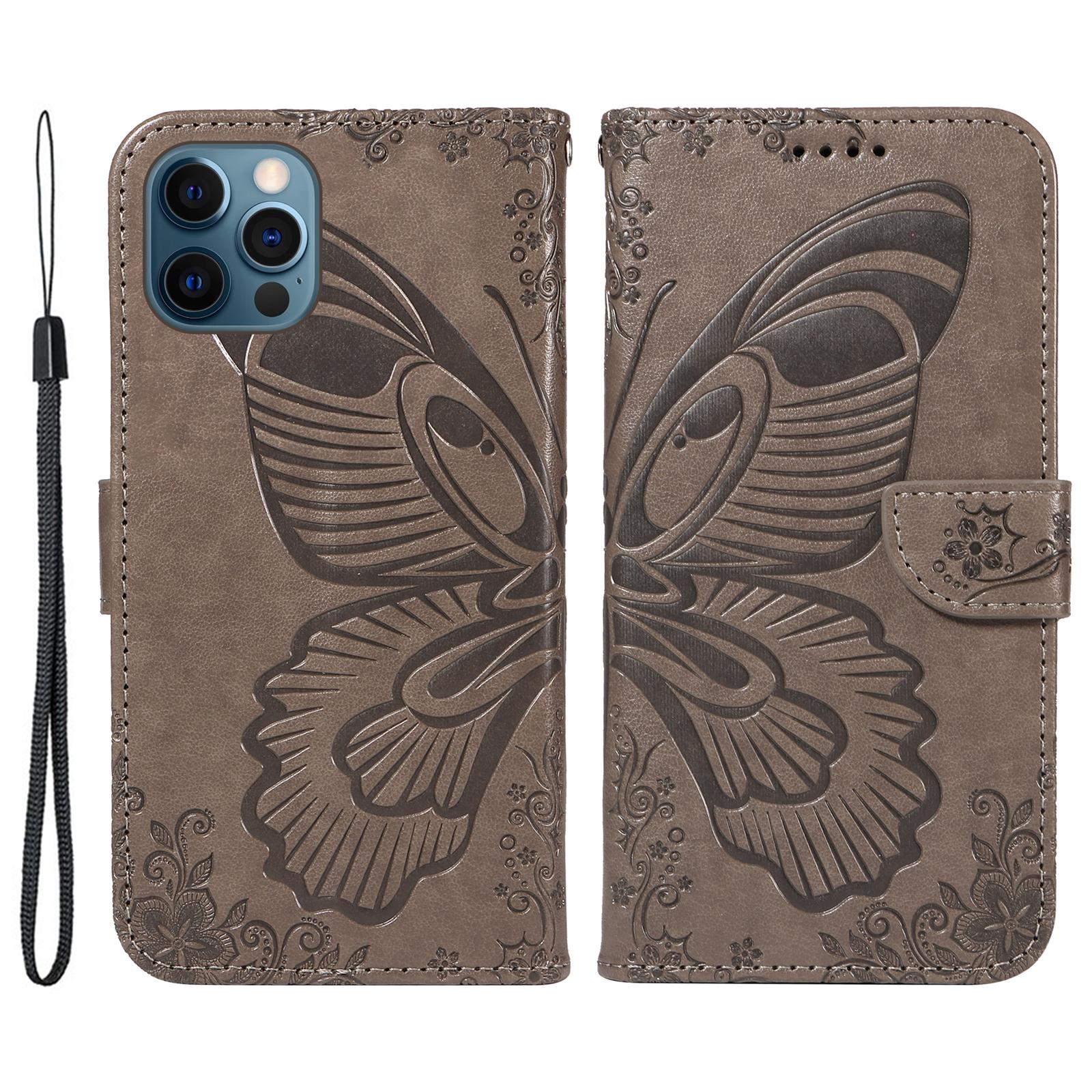 

For iPhone 13 Pro Leather Case Butterfly Imprinted Stand Wallet Phone Cover Grey