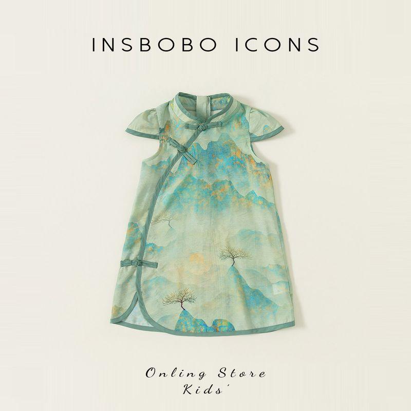 Girls  Qipao Baby Dress 2026 Summer New Style Children s Dress New Chinese-Style Clothing for Girls Beautiful Summer Outfit Blue-Green 80