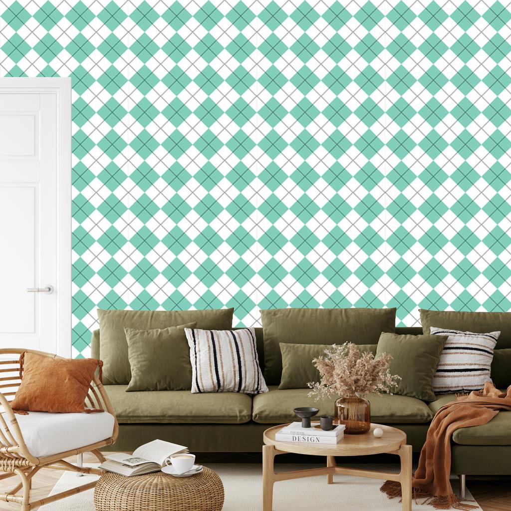Basic Retro Plaid Wallpaper, Sea and White, 50x1000