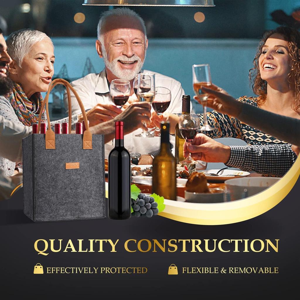 Flaschenhalter mit 6 Fächern Filz Weinflaschentragetasche Tragbare Filz Spirituosenflaschentragetasche mit Griffen für Hochzeit Reise Picknick