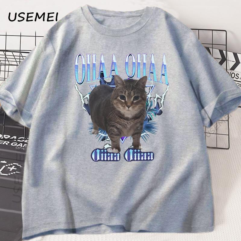 Spinning Cat Meme Funny Oiia Cat T-shirt Men Women Harajuku Round Neck Short Sleeve Tee Shirt Men's Clothing Streetwear Tops