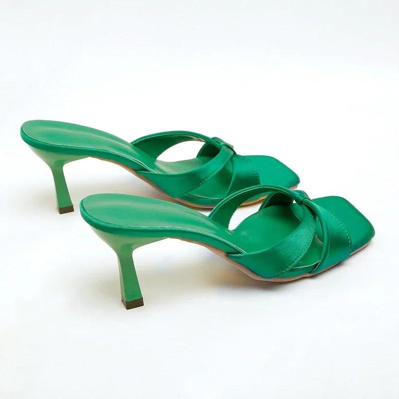 Fashion 2025 New Women's Sexy Leather Slippers with Red Bow Stiletto Heels Roman Elegant Clip-toe Square Head Satin Pull-On