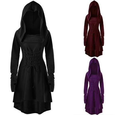 Europe And The United States Women's Solid Color Festival Performance Clothing Long-sleeved Hooded Tie Dresses