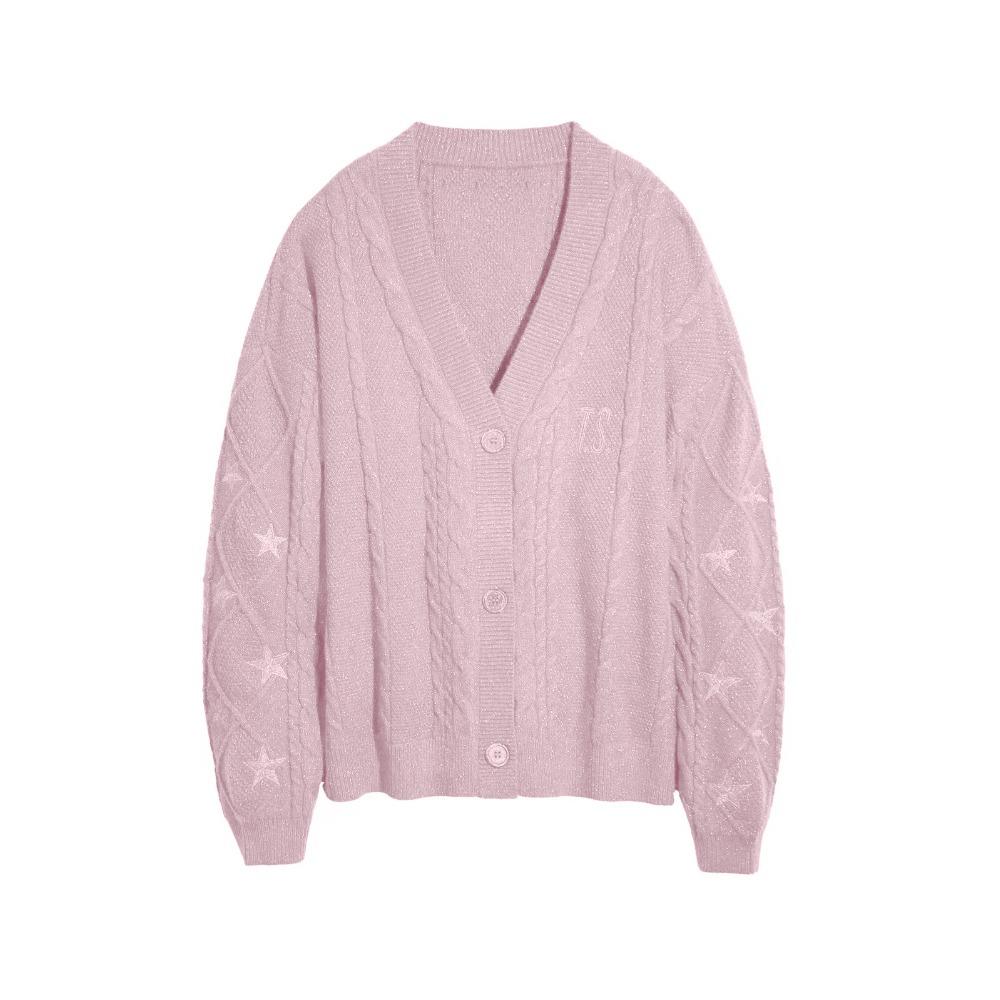 Women's V Neck Cable Knit Cardigan Star Embroidery Loose Lazy Style Wool Sweater Coat