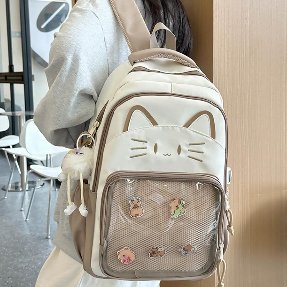 Zaini Ita Gatto Carino Y2K Grande Capacità Zaini Casual Ragazza Trasparente Display DIY Zaini Cartone Animato Tendenza Borse da Viaggio Scolastiche
