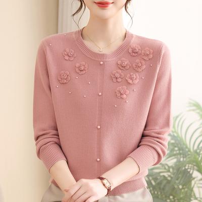 Women's Crew Neck Sweater 3D Appliques Lightweight Knit Pullover Spring and Autumn Solid Color Stretch Knit Top