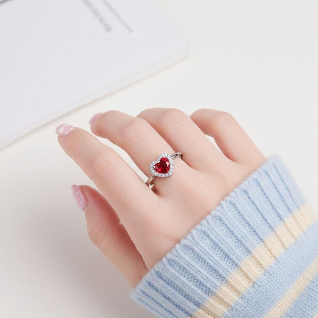 Red CZ Heart Halo Open Adjustable Ring –925 Sterling Silver