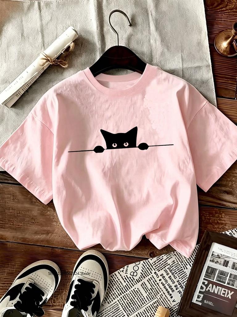 TXCartoon Trendy Kawaii Cat Print T-shirt Women's Summer Round Neck Cute Cat Y2K Graphic Tee Summer Casual Woman Clothing