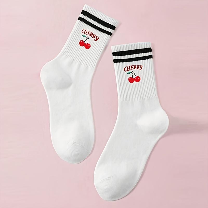 4 Pairs Cute Cherry Pattern Mid Crew Socks Striped Double Bar Sweet Socks for Women 4 pairs(8pcs)