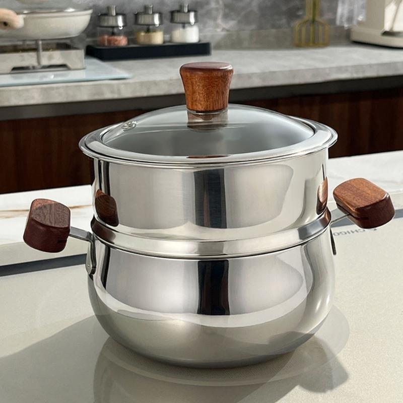Premium 304 Stainless Steel Double Layer Steamer Pot with Wood Handle Suitable for Efficient and Even Cooking Experience