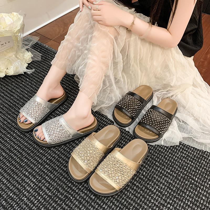 Mesh breathable rhinestone open-toed slippers women's summer wear casual vacation style with skirt beach sandals