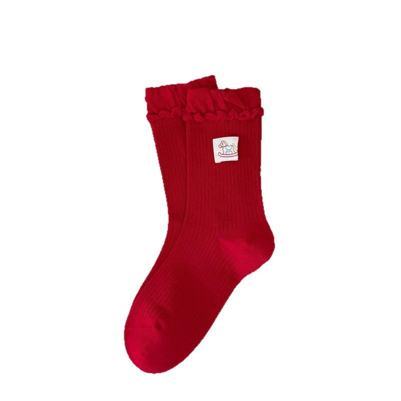 Autumn and Winter Red Socks, Pure Cotton Fair Island Mid-calf Cartoon Cute Pile-up Sock Girl