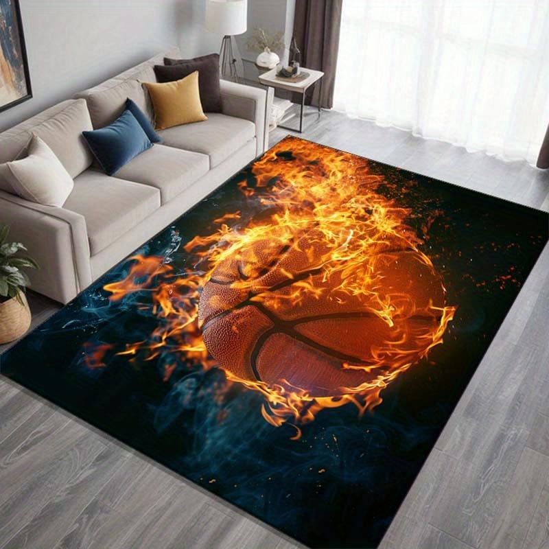 Basketball Flame Rug, Crystal Velvet, Non Slip, Durable Indoor Outdoor Mat, Vibrant Living Room Bedroom Kitchen Decor