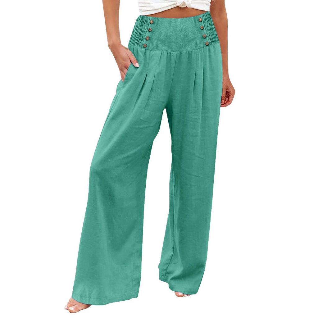 Women's Loose Cotton Linen High Waist Wide Leg Pants - Spring/Summer Casual Elastic Waist