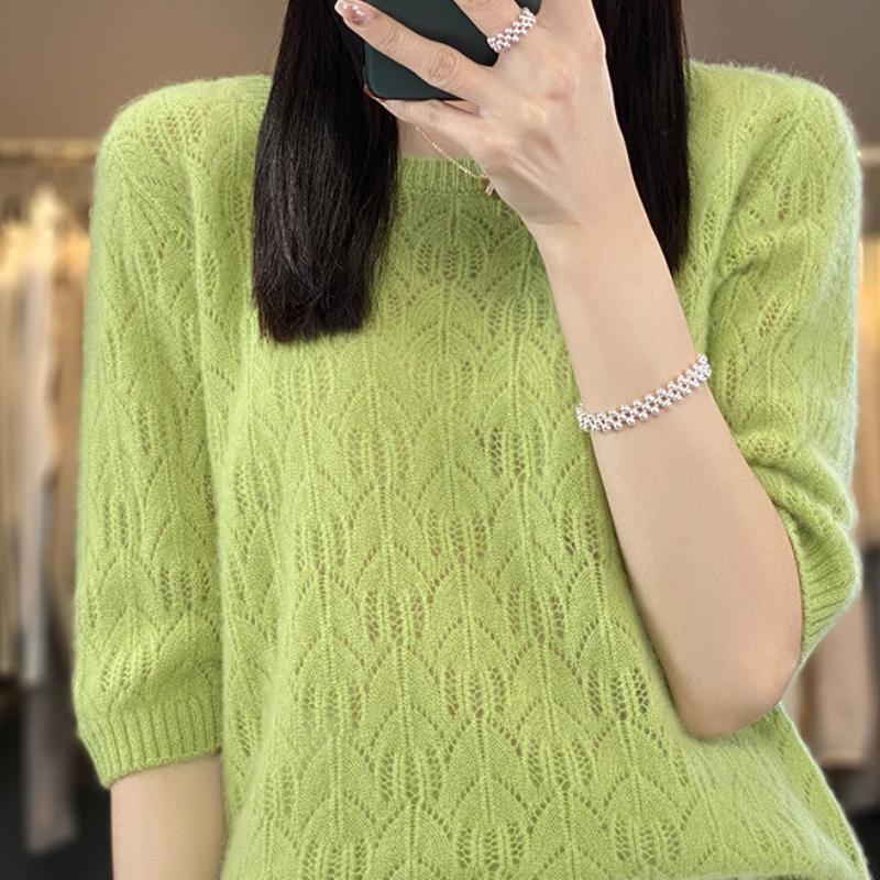Hollow Thin Knitted Base Spring and Summer New Loose Embroidered Fashionable Versatile Round Neck Five-point Sleeve Top