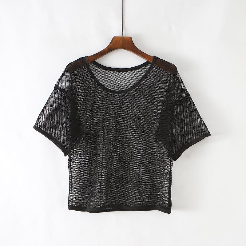 

2025 Однотонная сетчатая накидка: Пуловер с коротким рукавом, повседневный, с круглым вырезом – Универсальная мода для повседневной носки One Size чёрный