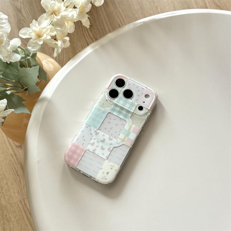Kawaii Pastel Patchwork Floral Plaid Magnetic Phone Case With Glitter Pop Socket For iPhone 14 15 16 17 Pro Max INS Cute Shockpr