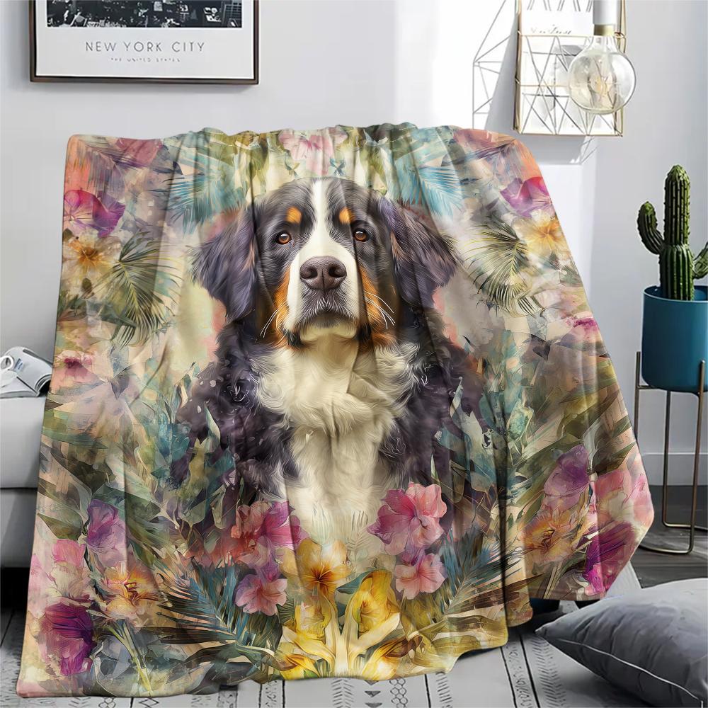 Bernese Mountain Dog and Flowers pattern Flannel Blanket, High quality Comfortable for All Seasons, Home Decor, Warmth and Comfort, Perfect for Gifts.