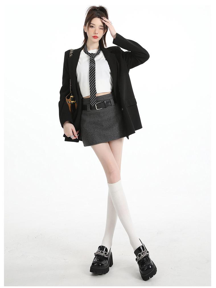 Plus Size Gray Woolen High Waist A-line Skirt for Spring/Autumn