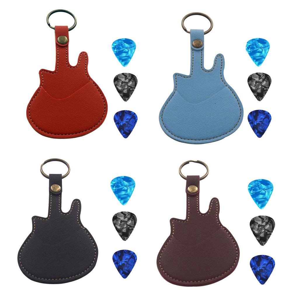 Guitar Picks Holder Case with 3 Picks, PU Leather Picks Bag and Picks Carrying Case with Keyring for Guitar Bass Ukulele