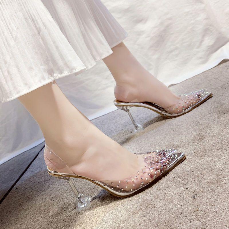 Celebrity banquet high heels pointed transparent sandals women's 2025 summer new fairy wind crystal and rhinestone bag head shoes