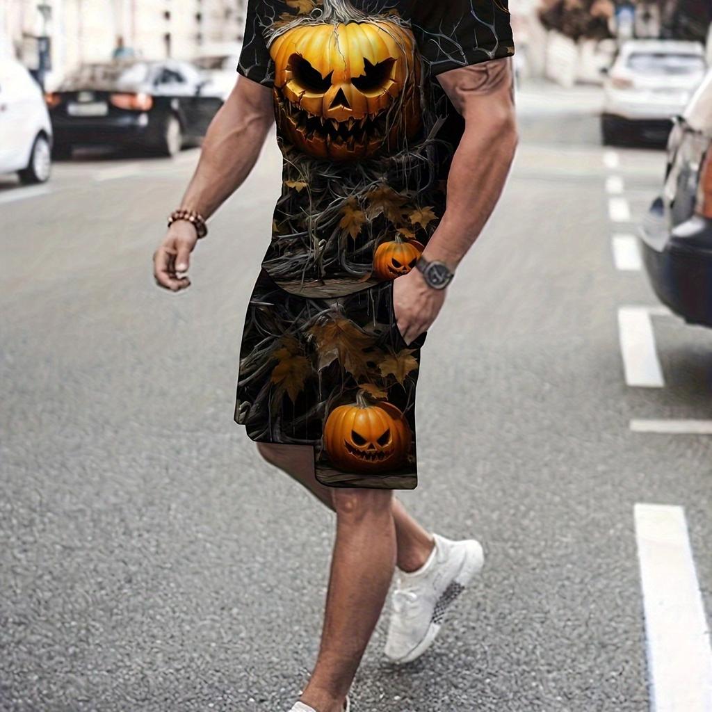 2-piece Men's 3D Halloween Pumpkin Pattern Print Summer Outfit Set, Men's Short Sleeve Crew Neck T-shirt & Elastic Waist Shorts With Pockets