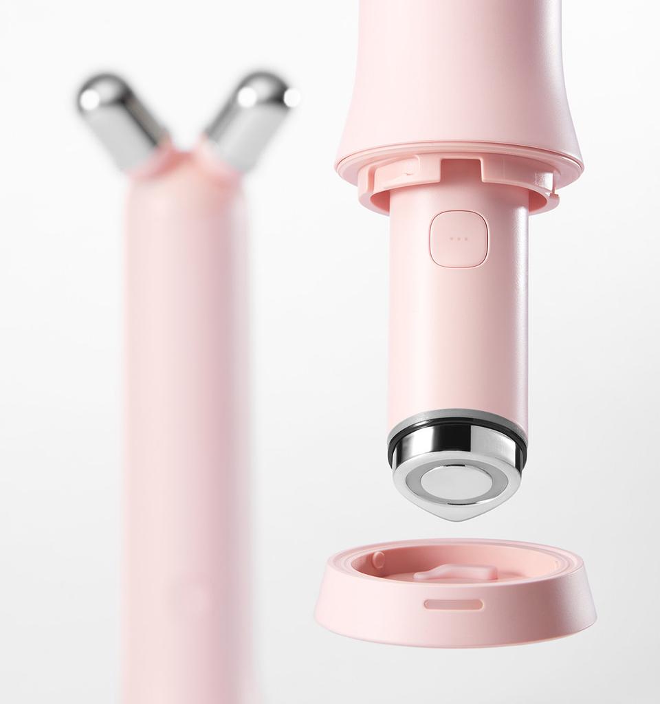 Medicube AGE-R Booster V Roller Mini Plus EMS V-Line Conjunto Massageador Facial com Cabeça V Roller + Gel Booster PDRN (Rosa/Bege)