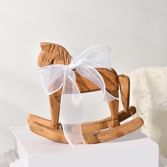 Wood Rocking Horse Figurine with Ribbon Handcrafted Rocking Horse Statue Home Office Living Room Kinetic Desktop Decoration Ornament
