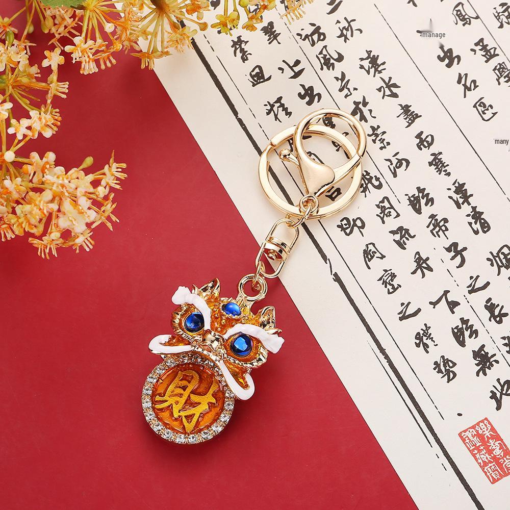 Chinese Fortune Lion Head Keychain with Rhinestones - Lion Dance Foshan Cultural Gift