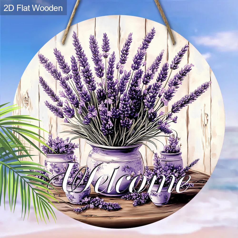 2D Flat, 1pc Purple Lavender Welcome Sign, Spring Home Wall Art Decoration Plaque, Yard Garden Balcony Door Hanging Decor, Perfect Gift for