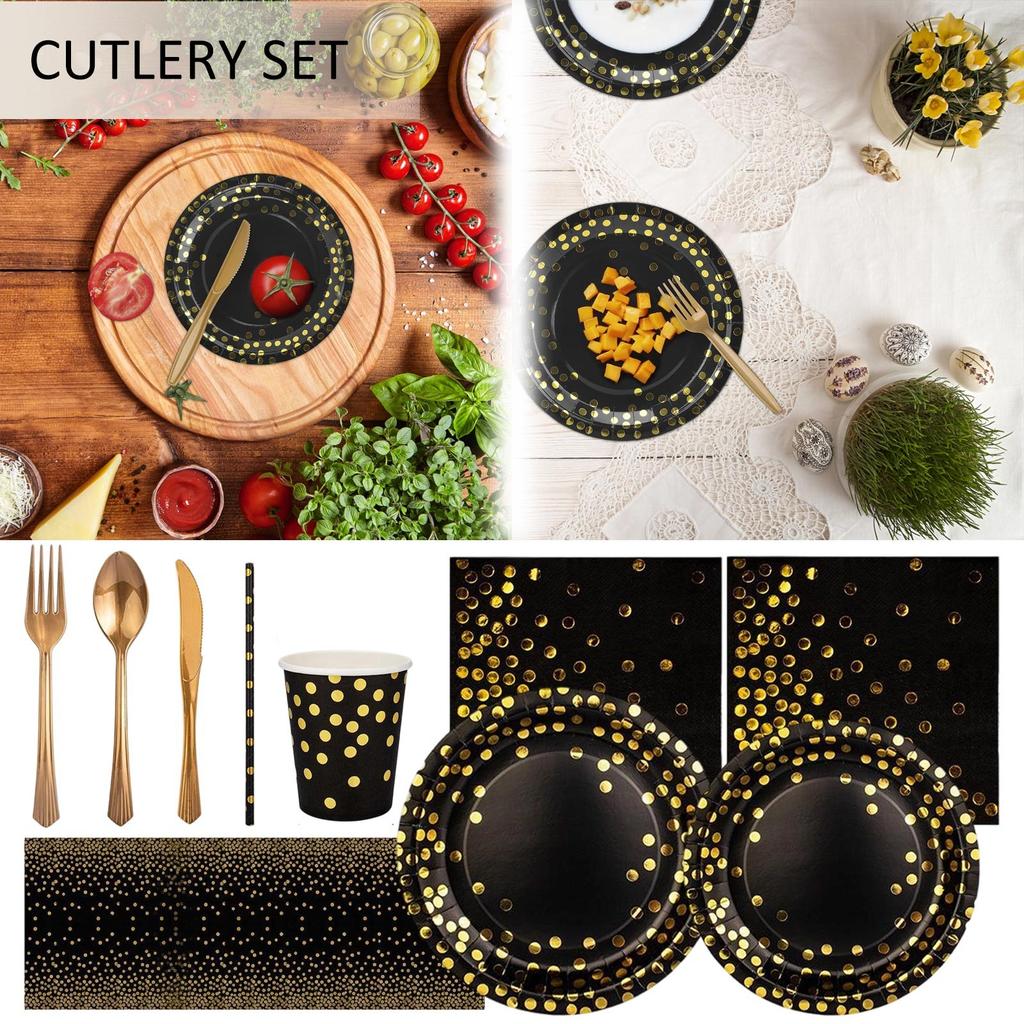 Black And Gold Themed Birthday Party Disposable Paper Plate Tableware Tablecloth Set Knife, Fork And Spoon