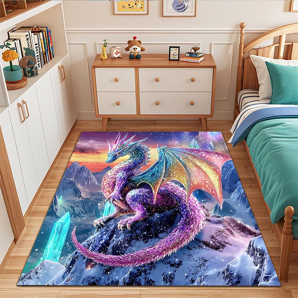 Rainbow Crystal Dragon on Snowy Mountain Patterned carpet, suitable as a non slip play mat for the living room and bedroom sofa