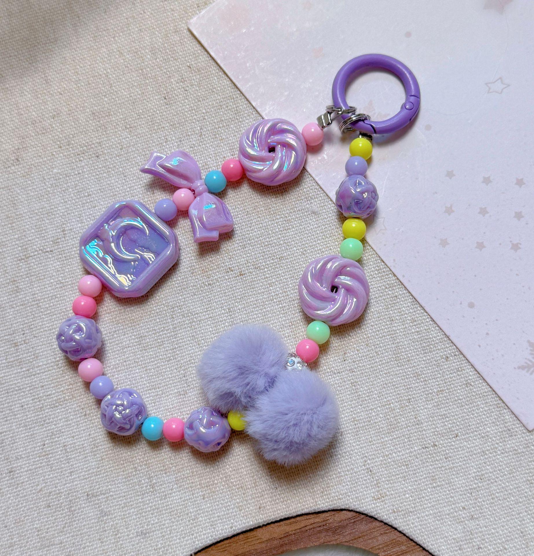 Hand-Painted Beaded Pom-Pom Phone & Bag Charm Keychain Ornament