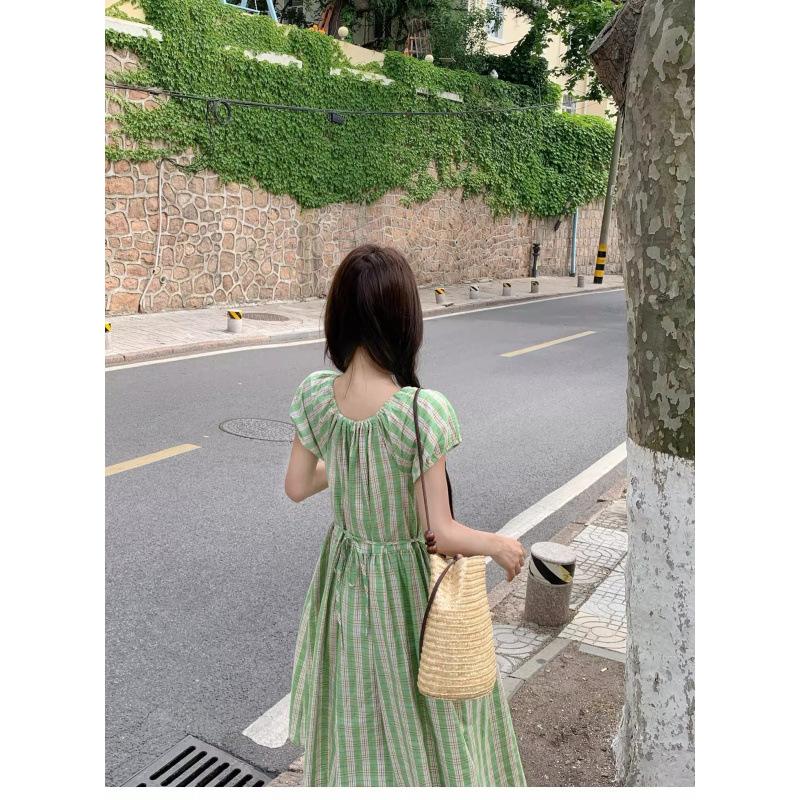 Green Plaid Bubble Sleeve Dress Women's Summer Thai Dopamine Bright Xinjiang Seaside Vacation Long Skirt