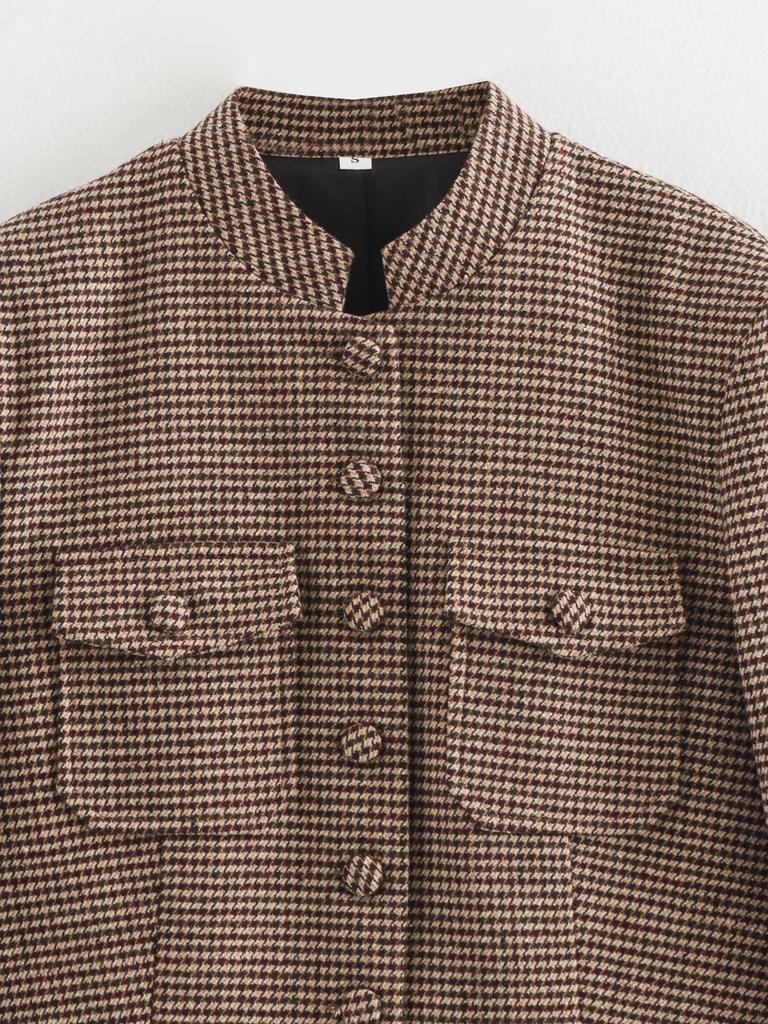 Europäische & Amerikanische Damen Retro Hahnentritt Stehkragen Jacke