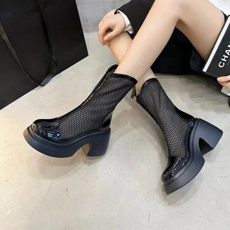 

Fashion 2025 Summer New Fashion round Head High Heel Waterproof Platform Thick Bottom Short Boots Mesh Casual Women s Boots round Toe 38 чорний