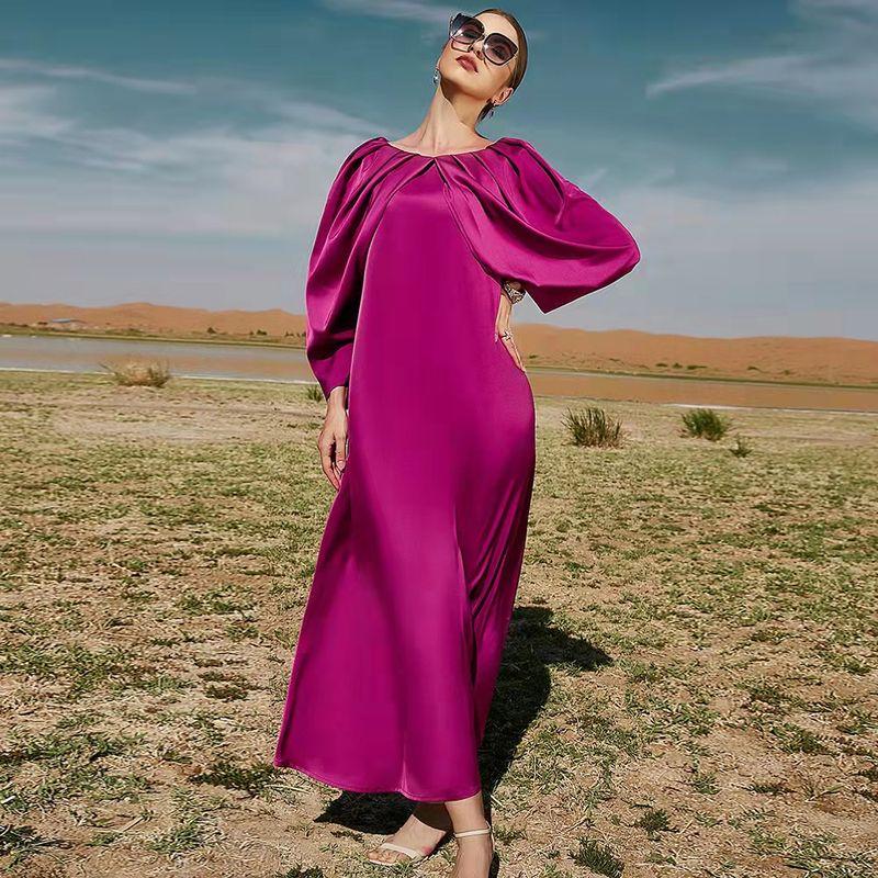 

New Fashion New Arrival Pleated Sleeve 3/4 Sleeve Temperament Long Dress Party Dress Ethnic Style Dress Rose Red S